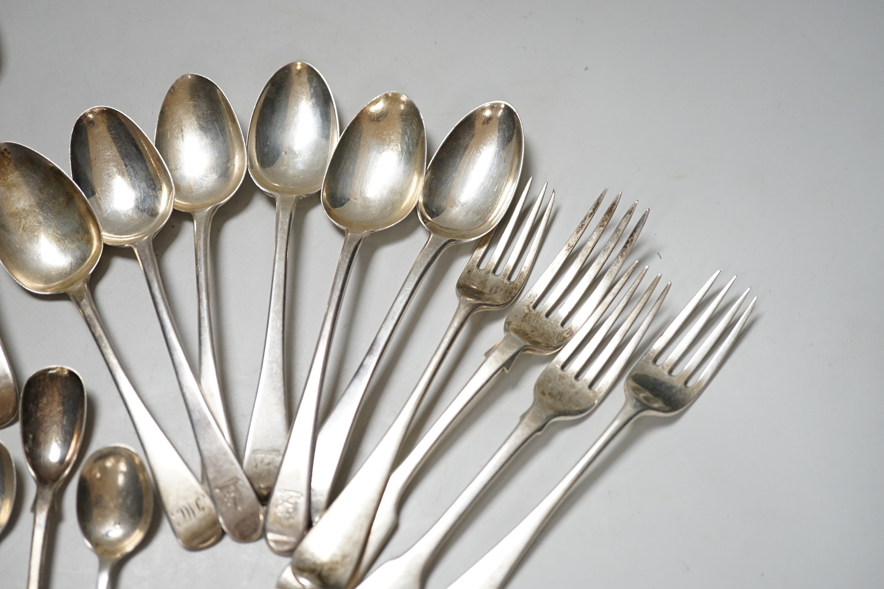 A group of assorted George III and later silver flatware, mainly Old English pattern, 715 grams